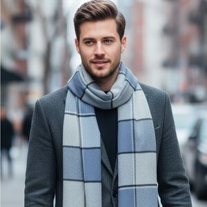 Super Soft & Cozy Double sided Plaid & Checked Pattern Blue Toned Long Scarf NEW